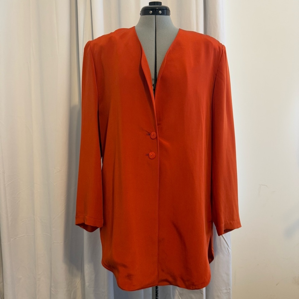 Vintage Silk Blazer Womens 12 Orange Longline Oversized 100% Silk Jacket